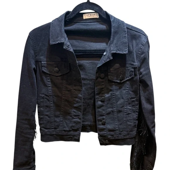 AP BLUE Black Denim Jacket with Fringe - Picture 3 of 9